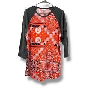 LuLaRoe NWT Randy Raglan Tunic Top Women’s Size 2X Orange Gray Geometric‎